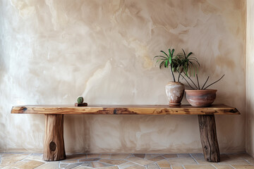 Wall Mural - Rustic wood console table against beige stucco wall with copy space. Japandi interior design of modern entrance hall.