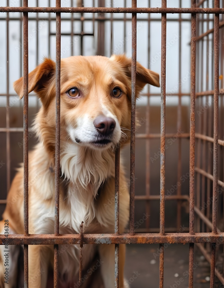 Stray homeless dog in animal shelter cage. Sad abandoned hungry dog ...