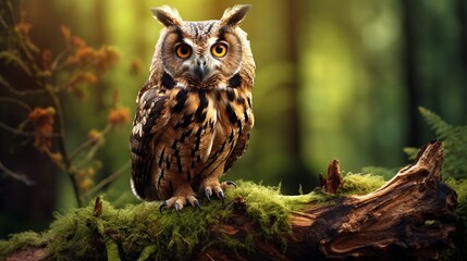 A large owl is sitting on a mossy log in a forest