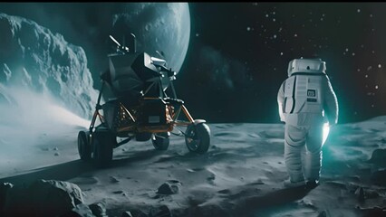 Wall Mural - Astronaut with Lunar Rover on Moon Surface with Ai generated.
