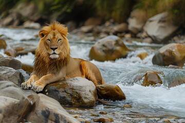 Wall Mural - a cute lion on the bank of a river flowing over rocks