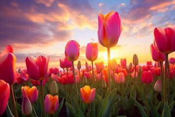 A field of pink and orange tulips with a beautiful sunset in the background