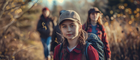 a beautiful young girl hiking with her friends 