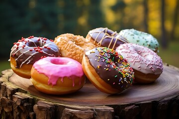 Wall Mural - Donuts on a wooden background. Selective focus.