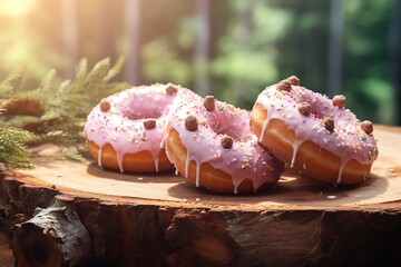 Wall Mural - Donuts on wooden background. Donuts food.