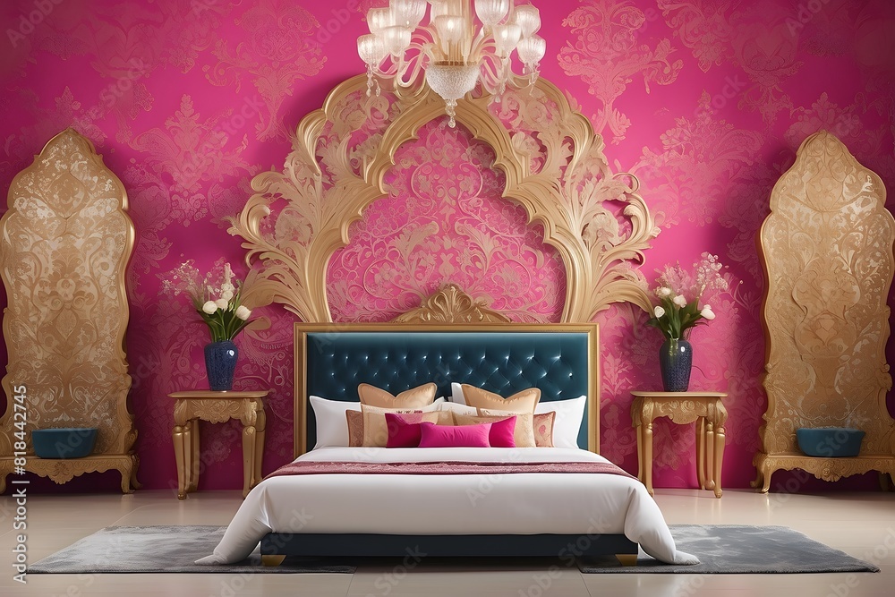 Royal luxury bedroom interior design, modern pink and golden interior ...