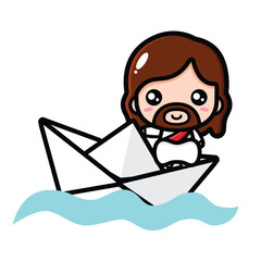 Wall Mural - Cute Jesus sails on a paper boat