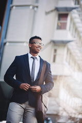 Aufkleber - Businessman, corporate and city travel or thinking as real estate agent for financial loan, insurance or deal. Male person, suit and downtown Atlanta for professional employee, commute or building