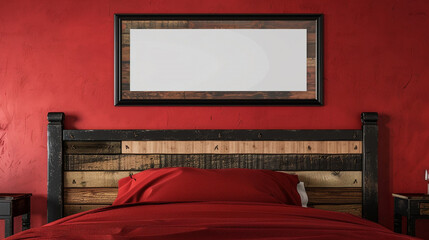 Wall Mural - A bedroom wall mockup with a black frame above a red bed with a rustic wooden headboard, blending with the red wall.