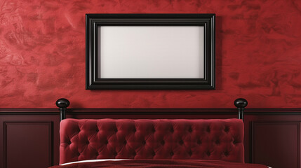 Wall Mural - A bedroom wall mockup with a black frame above a red bed with an upholstered headboard, set against a red wall.