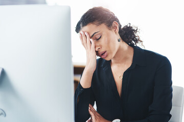 Poster - Businesswoman, computer and tired with headache pain or burnout fatigue with mental health, stress or brain fog. Female person, migraine and overworked anxiety with overwhelmed, tension or pressure