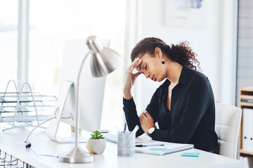 Poster - Businesswoman, computer and headache pain with stress for burnout, overwhelmed or migraine. Female person, assistant and mental health tension or deadline brain fog with pressure, anxiety or tired