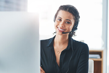 Poster - Woman, portrait and headset with computer for call centre telemarketing or technical support, representative or advice. Female person, crm and sales with customer service, contact us or help desk