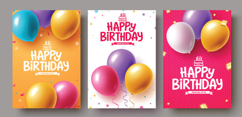 Wall Mural - Happy birthday vector poster set design. Birthday greeting text with balloons elements decoration for postcard lay out collection. Vector illustration birthday poster design. 
