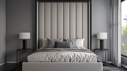 Wall Mural - A bedroom wall mockup with a black frame above a gray bed with a tall, padded headboard, set against a gray wall.