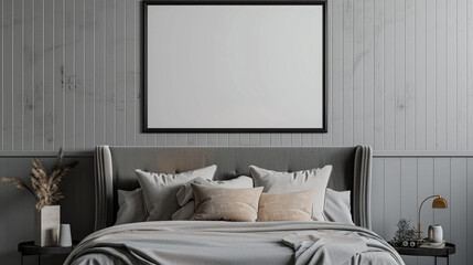 Wall Mural - A bedroom wall mockup with a black frame above a gray sleigh bed, creating a harmonious look with the gray wall.