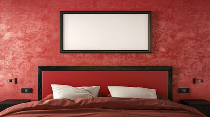 Wall Mural - A bedroom wall mockup with a black frame above a red bed with an adjustable headboard, blending with the red wall.