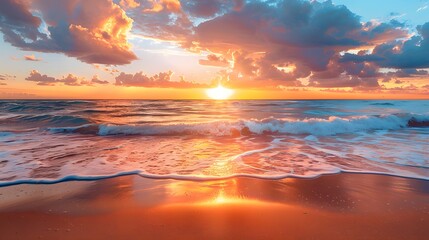 Wall Mural - A beautiful sunset over the ocean, with waves crashing against the shore and vibrant colors in the sky.
