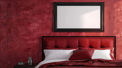 Wall Mural - A bedroom wall mockup with a black frame above a red bed with an adjustable headboard, blending with the red wall.