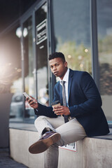 Aufkleber - Businessman, thinking and coffee break in city with phone for news, info or lawyer to contact client online. Typing, email and attorney planning reminder in notes, app or ideas for law on internet