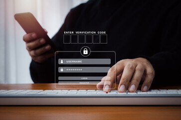 Two steps authentication or 2FA concept. Empty verification code input box with sign in page appear when man use mobile phone for validate password, Identity verification, cyber security technology.