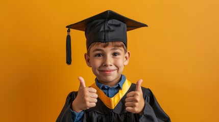Wall Mural - Faceless child in a graduation cap and gown giving a thumbs-up on a minimal light yellow background