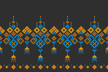 Pixel ethnic pattern, Vector embroidery pattern background, Geometric traditional triangle style, Blue and orange pattern knitting vintage, Design for textile, fabric, batik, kaftan, fibres