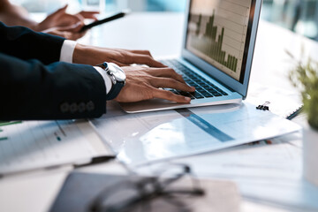 Poster - Laptop, collaboration and hands of people with charts, graphs and data analysis for business growth. Research, stats and teamwork at computer for sales development, profit or finance budget in office