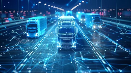 Wall Mural - connected trucks on digital network smart fleet management system visualization logistics and transportation concept digital illustration