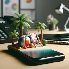 Creative Beach-Themed Desk Setup in Office