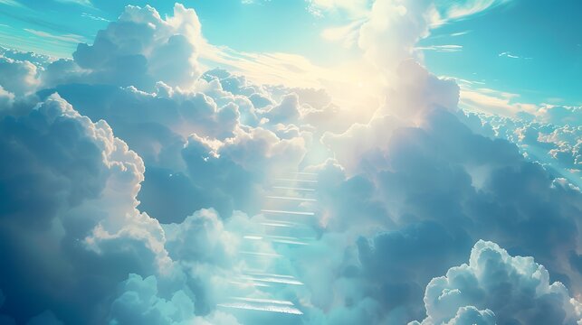 Stairs leading to heaven, with clouds and light in the sky, symbolizing eternal life and spiritual iconization.

