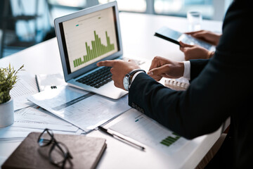 Poster - Laptop, teamwork and hands of people with graphs, charts and data analysis for business growth. Research, stats and collaboration at computer for sales development, profit or finance budget in office