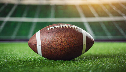 Brown American football on green turf, symbolic of sports, competition, teamwork, and victory. Blank caption space