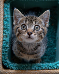 Gray Tabby Cat Sitting on Chair in a Box,