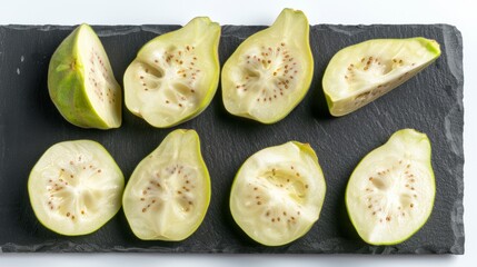 Sliced fresh guavas displayed on a dark slate board, highlighting the fruit’s juicy and seedy interior for a healthy snack.