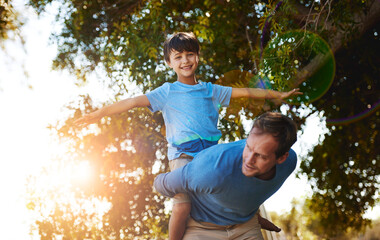 Poster - Portrait, father and kid with airplane game at park for love, care or family bonding together in nature. Smile, dad and piggyback child for support, happy or parent play on summer holiday for freedom