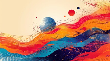 Aufkleber - Vibrant abstract digital art featuring dynamic waves and celestial bodies, blending rich colors and energetic strokes for a modern background.