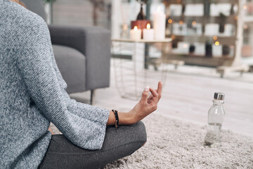 Poster - Hand, mudra and meditation on floor in living room for mental health, awareness and holistic healing. Home, inner peace and zen person with chakra balance for spiritual, connection and mindfulness