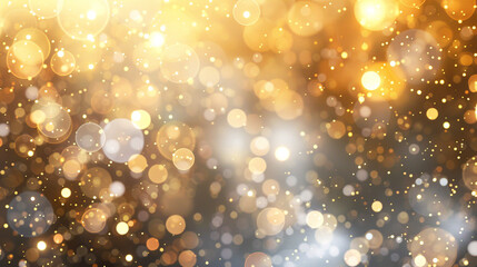 An abstract blur bokeh banner background featuring gold and silver bokeh lights, perfect for a festive, celebratory atmosphere.