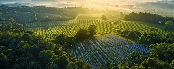 A breathtaking aerial view of a lush green landscape with fields, trees, and hills under the golden glow of the sunrise, creating a serene atmosphere.