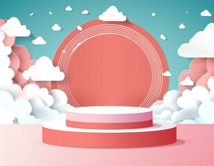 Wall Mural - Background podium pink 3d product sky platform display cloud pastel scene render stand. Pink podium stage minimal abstract background beauty dreamy space studio pedestal smoke showcase geometric white