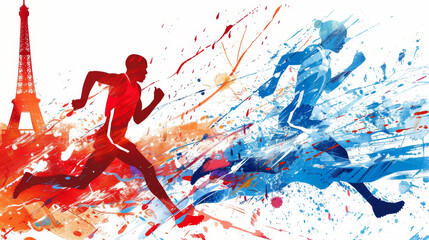 Wall Mural - Abstract art of runners and splatter paint - Dynamic abstract depiction of two runners with splattered paint, featuring the Eiffel Tower silhouette