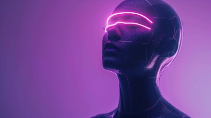 Abstract faceless futurist with neon light outlines, minimal lavender background with space for text