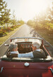 © peopleimages.com - Old couple, road trip and convertible driving in countryside vineyard for retirement travel, marriage or adventure. Man, woman and car transportation in Napa valley or exploring, nature or journey