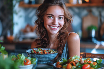 Wall Mural - Germany woman is happy with the success of the diet program, healthy food