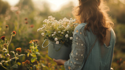 Wall Mural - a woman's hand is holding a bucket of flowers, the details of the flower stem and the color of the flower are clearly visible, Ai generated Images