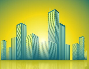 Wall Mural - Modern skyscrapers of a smart city, futuristic financial district, graphic perspective of buildings and reflections - Architectural blue background for corporate and business brochure template