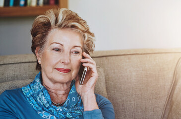 Poster - Face, phone call and thinking with senior woman on sofa in living room of retirement home for communication. Contact, conversation and mobile with elderly person in apartment for chatting or talking