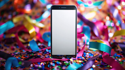 3D confetti phone celebrate party winner. Win confetti hand smartphone mockup render. Smart 3d screen surprise confetti gadget illustration. Cellphone screen background empty template. Generative AI