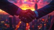 © Emile - businessman handshake on skyscraper background at sunset partnership successful deal agreement business contract concept.illustration